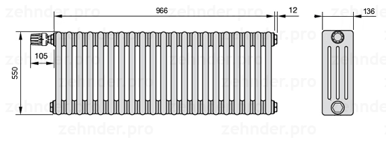 Схема (чертеж) Радиатор Zehnder Charleston 4055/21 №V012 Белый глянцевый RAL 9016
